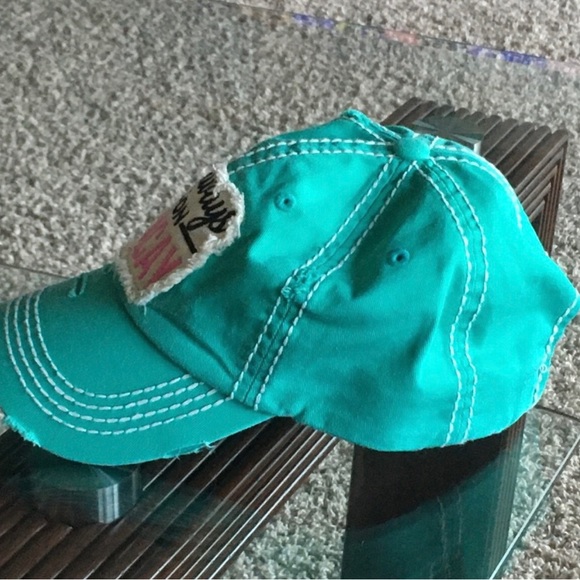 Cutest NWOT Kbethos Always on Vacay Turquoise Green Distressed Baseball Cap - Picture 5 of 8